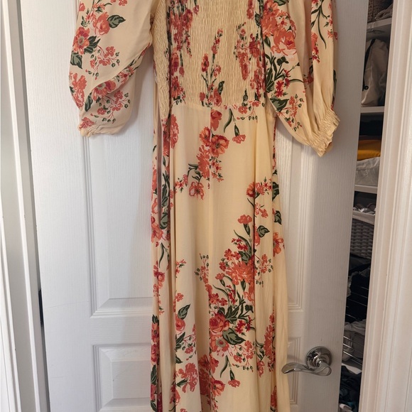 Faithfull the Brand Floral Puff Sleeve Dress in Butter Yellow & Pink - Picture 2 of 4